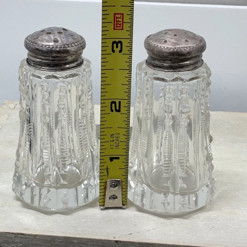 Vintage Cut Glass Salt and Pepper Shakers Set Clear Paneled Silver Tone Lids 3